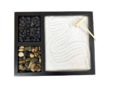 3 compartment zen garden desk toy. 2 types of rocks, one rake and white sand.