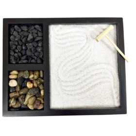 3 compartment zen garden desk toy. 2 types of rocks, one rake and white sand.